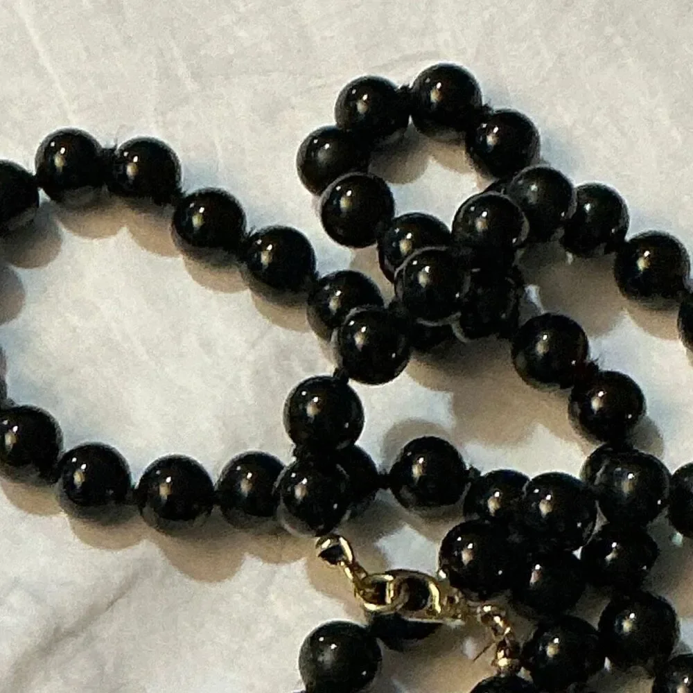 Vintage Monet 28” Black Bead Necklace Long Strand Gold Tone‎ Signed Classic